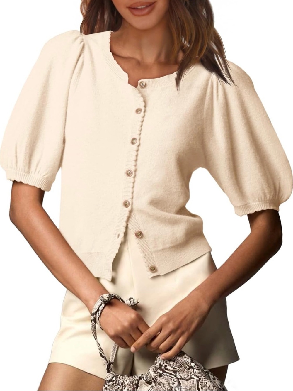 Cream Puff-Sleeve Button Cardigan